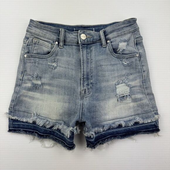 RISEN High Rise Frayed Hem Distressed Jean Shorts Raw Hem Light Wash Size 2 - Picture 2 of 10